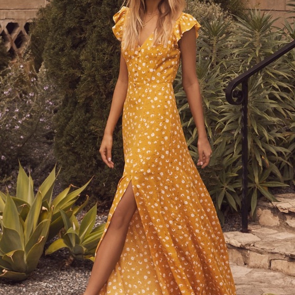 Lulus Fresh Picked Mustard Yellow Floral Print Backless Maxi Dress - Size S